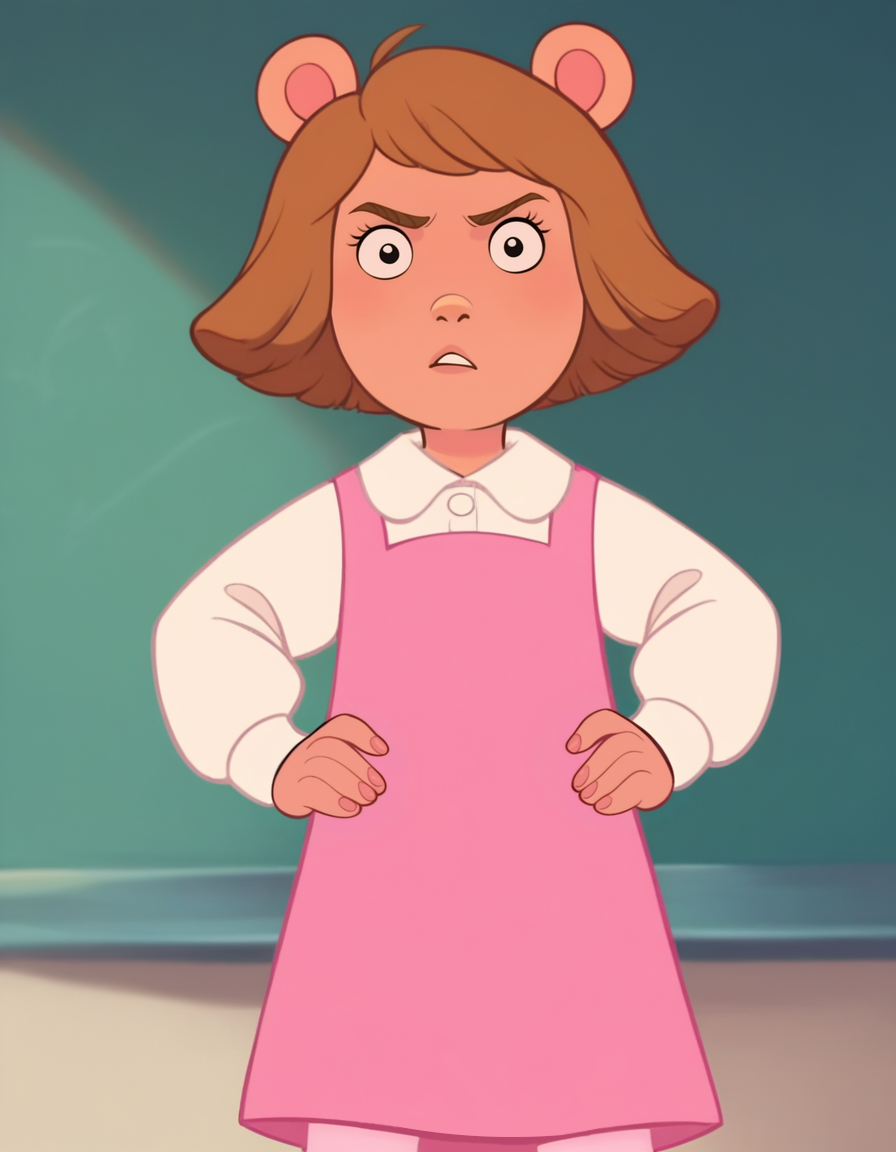 (zPDXL), score_9, score_8_up, score_7_up, score_6_up, score_5_up, score_4_up, rating_safe, source_cartoon, hands on hips, (wide stance:1.2), young, child, <lora:D.W_Read_Arthur:1> d.w, short hair, brown hair, animal ears, pink dress, white undershirt, long white sleeves, light pink leggings, blue mary janes, annoyed, detailed background, looking at you, looking down at you, low angle, classroom, blackboard, <lora:Disney_Renaissance:1> retro artstyle, 1990's  (style), blurry background,