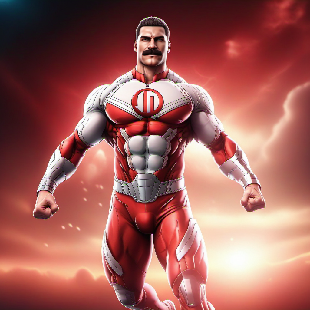 cinematic photo a (((full body portrait)))  muscular man with a moustache in a white and red bodysuit, flying in the sky <lora:Thragg1024:0.8> . 35mm photograph, film, bokeh, professional, 4k, highly detailed
