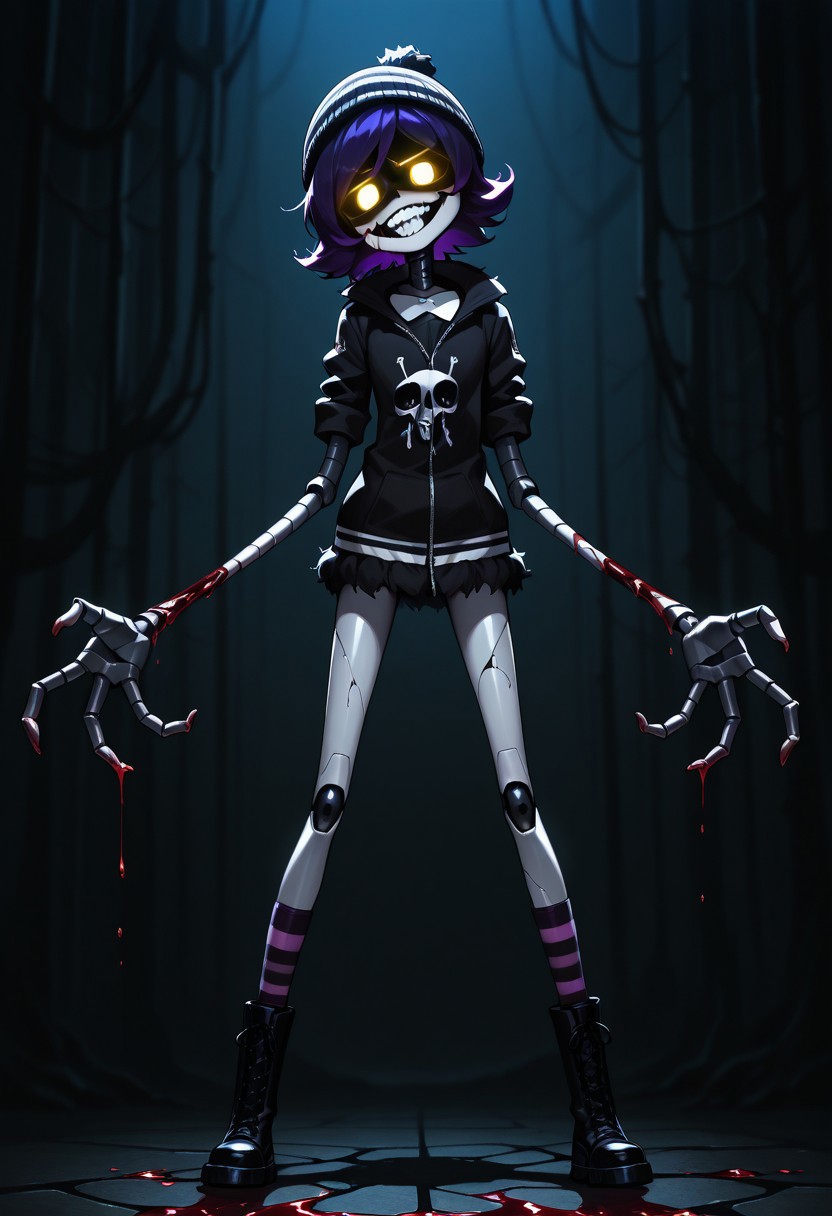 masterpiece, best quality, Detailed, 2D, 1girl, solo, Uzi, Purple Hair, yellow eyes, glowing eyes, robot, beanie, black hoodie, striped socks, boots, cracked skin, bleeding, torn clothes, sadistic grin, human-like teeth, looking at viewer, shaded face, head tilt, long arms, long legs, flesh infection, standing, legs apart, dark industrial background, horror /(theme/)