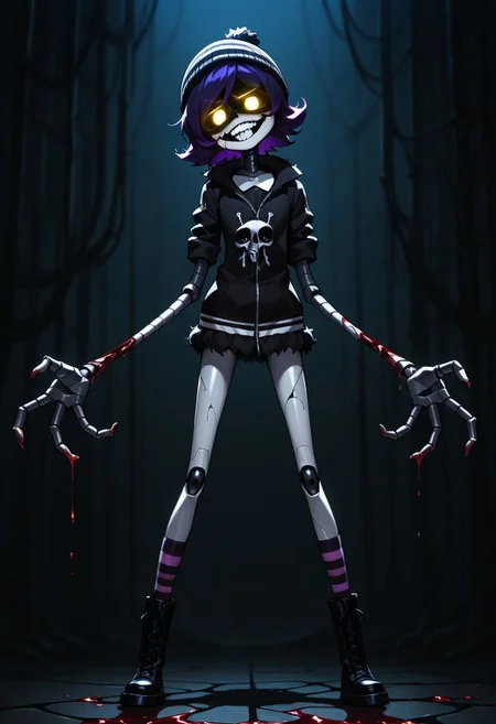 masterpiece, best quality, Detailed, 2D, 1girl, solo, Uzi, Purple Hair, yellow eyes, glowing eyes, robot, beanie, black hoodie, striped socks, boots, cracked skin, bleeding, torn clothes, sadistic grin, human-like teeth, looking at viewer, shaded face, head tilt, long arms, long legs, flesh infection, standing, legs apart, dark industrial background, horror /(theme/)