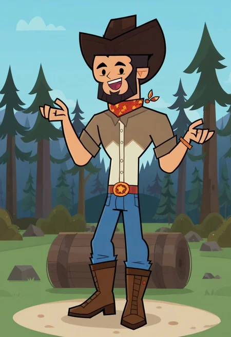 score_9, score_8_up, score_7_up, score_6_up, Homestuck^2_style, flat color, FINN AGUDELO, 1boy, solo, nice skin, black hair, Black eyes, cowboy hat, Black beard, cowboy costube, boots, bluejeans, happy, outdoor, camp,