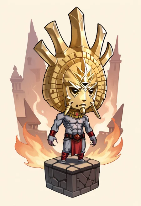 score_8, score_8_up, score_7_up, source_anime, 1boy, male focus, solo, DagothUr_TES3, grey skin, colored skin, gold mask, mask, third eye, gorget, gold gorget, topless male, muscular, abs, belt, loincloth, bracer, long fingers, long fingernails, sharp fingernails, ankle wrap, barefoot, ffpictlogicastyle, chibi, full body, faux figurine
