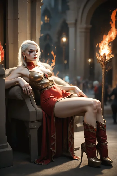 characters\54lly, velvet mini dress, over-the-knee boots, crystal earrings, navel focus, burning city, flames, score_9, score_8_up, score_7_up, 1girl, solo, impressionism, pyrokinesis, reclining, <lora:characters\54lly:1.0>