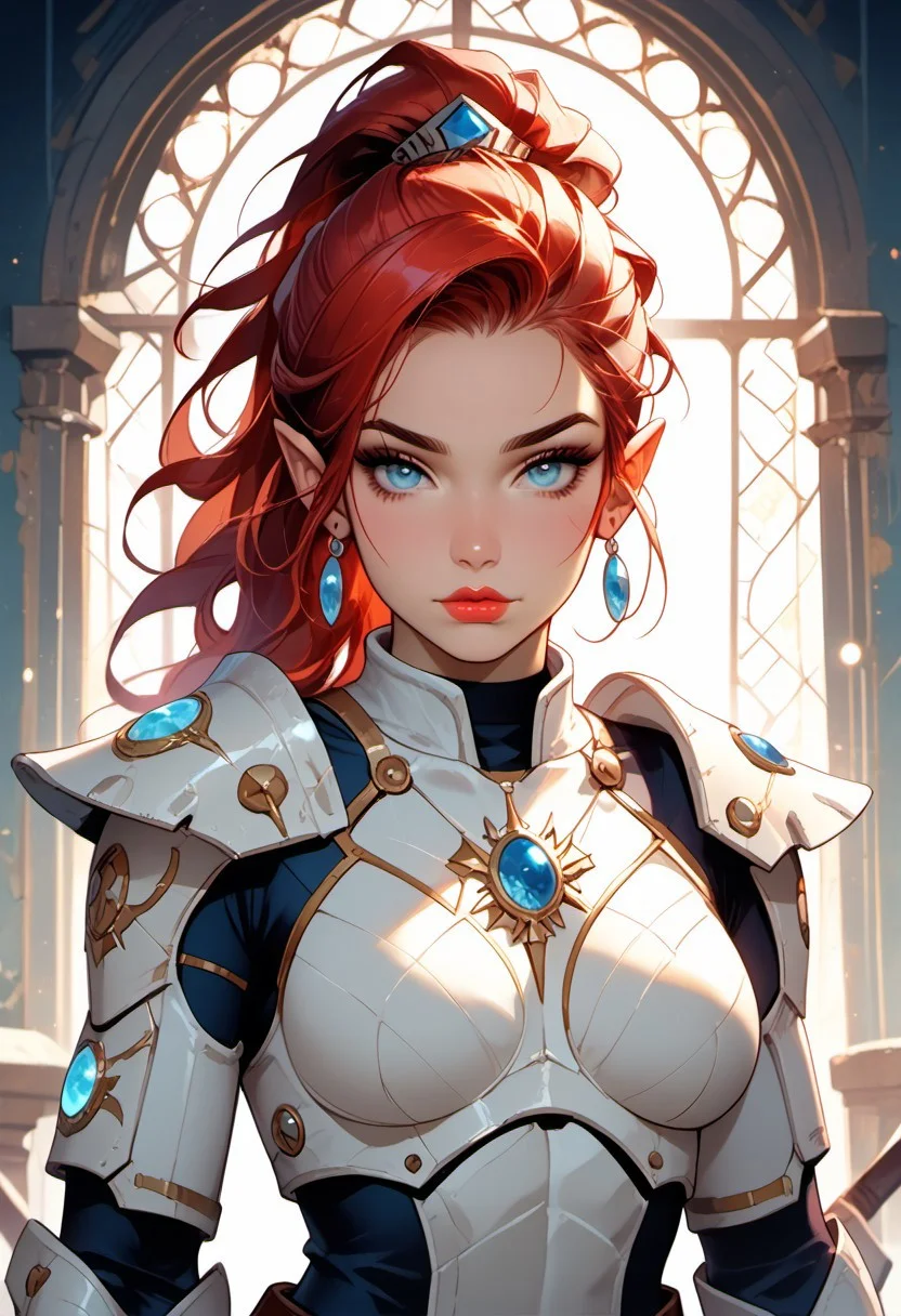 Stable_Yogis_PDXL_Positives, (score_9, score_8_up, score_7_up), ((zPDXL3)), ((zPDXLxxx)), ((face focus, eye focus, dynamic angle, motion)), 1girl, solo, fantasy, (eldar, armor), (Aeldari armor, streamlined armor, full body armor, power armor), red hair, ponytail, blue eyes, pointed ears, breathless intimacy, tanned skin, petite model bombshell, heart, young, delicate features, narrow pointy nose, tiny nose, lust, big eyes, seductive eyes, detailed skin, flared lashes, mascara, makeup, perky huge breasts, athletic body, narrow waist, skinny hips,
warm light, detailed, neon dark party
BREAK
milky way, runes, arcane, astral, surreal, ethereal glow, masterpiece, best quality, intricate design. colorful, moonlit nightsky, stained glass aesthetic, moody whimsical color palette, murano glass, bold soldering lines, volumetric light shining through, crepuscular rays, intricate craftsmanship, detailed texture, luminous transparency, reflective light play, vivid hues, atmospheric depth, enchanting silhouette, art nouveau,