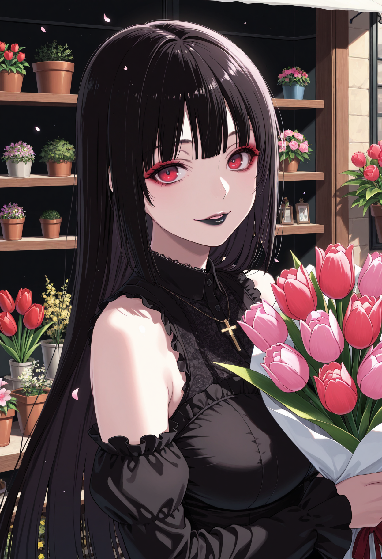 masterpiece, best quality, 1girl, solo, jabami yumeko, long hair, black hair, bangs, himecut, gothic, goth fashion, black dress, frills, lipstick, eyeshadow, makeup, detached sleeves, bare shoulders, hair bow, jewelry, cross necklace, flower shop, outdoors, storefront, flower pot, potted plant, shelf, tulip, pink flower, red flower, holding bouquet, bouquet, upper body, red eyes, (black lips:1.2), petals, wind, looking at viewer, parted lips, smile