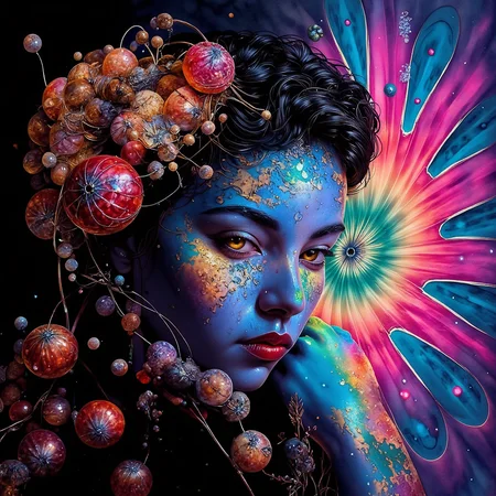 nixeu style A Portrait by a Dorota Pietrowiak, digital painting in a 2 vibrant use of (snellâs law) how light travels through the lenses of sphereâs creating a spectrum of iridescent colors, precise, fractal design, flowing curves, precision, colorful, fractal geometry, harmonic interference, digital illustration, photo manipulation, altered realities, fantastical scenes, digital artistry, striking visuals, masterpiece, best quality, highres, high detail, sharp focus, detailed background, light reflection, photorealistic,  <lora:flux.1_lora_surreal-tones_v1:0.05> <lora:style_of_Martin_Johnson_Heade_flux:0.4> <lora:LessOfAFailure-flux:0.3> <lora:Epic_gorgeous_Details-flux.1:0.6> <lora:Color_World_-_s1_g4-flux:0.4> <lora:Fluxartis_IIB:0.5>