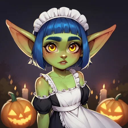 (((detailed, beautiful, high quality))), score_9, score_8_up, score_7_up, upper body,
Goblin, short stature, shortstack, pointed ears, big eyes,
1 girl, green skin, yellow eyes, blue hair, bob hairstyle, freckles, thick eyebrows, 
Maid costume, bare shoulders, black dress, white apron,
looking at the viewer, posing, 
dark forest, forest background, dark background, candles, pumpkins with a face, Halloween atmosphere, blurred background,