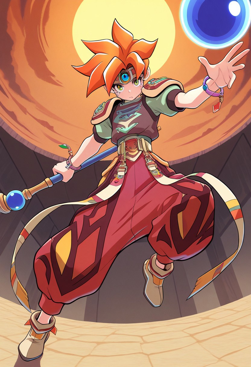 masterpiece, best quality, amazing quality, very aesthetic, absurdres, newest, terranigmark, spiky orange hair, pauldrons with faces, jeweled headband, print shirt, green sleeves, bracelets, belt with dangling straps, red baggy pants, shoes, holding staff