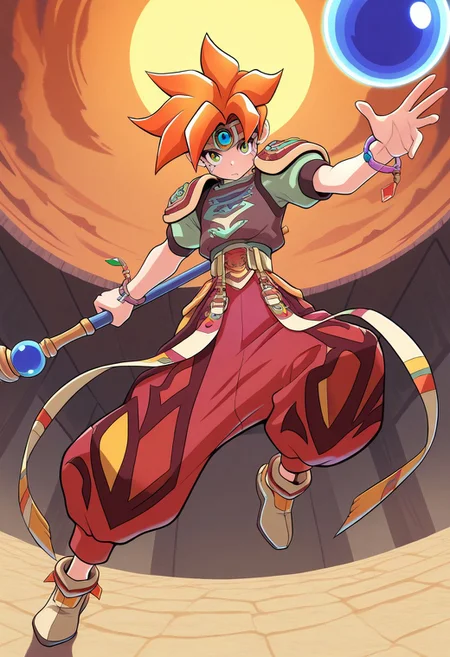 masterpiece, best quality, amazing quality, very aesthetic, absurdres, newest, terranigmark, spiky orange hair, pauldrons with faces, jeweled headband, print shirt, green sleeves, bracelets, belt with dangling straps, red baggy pants, shoes, holding staff