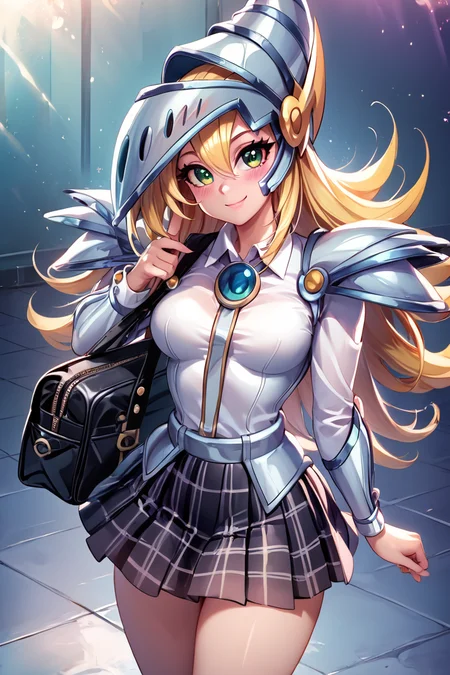 score_9, score_8_up, score_8, medium breasts, (curvy), cute, eyelashes, BREAK, , ,,, zzDMGDragonKnight, green eyes, long hair, blonde hair, hair between eyes, armor, helmet, ,<lora:DarkMagicianGirl_DragonKnight_PDXL:1.0>, ,,, , BREAK, closed mouth, alternate costume, smile, looking at viewer, collared shirt, blush, sweater, black skirt, eyelashes, long sleeves, sleeves past wrists, plaid skirt, shoulder bag, black bag, blurry, tile floor, pleated skirt, white shirt, cowboy shot, ,,, embedding:zPDXL, Expressiveh, ,,, <lora:Vivid:0.7>, <lora:Uncensored_PonyXL_cpt_v02.09:0.4>, <lora:Expressive_H-000001:0.4>,