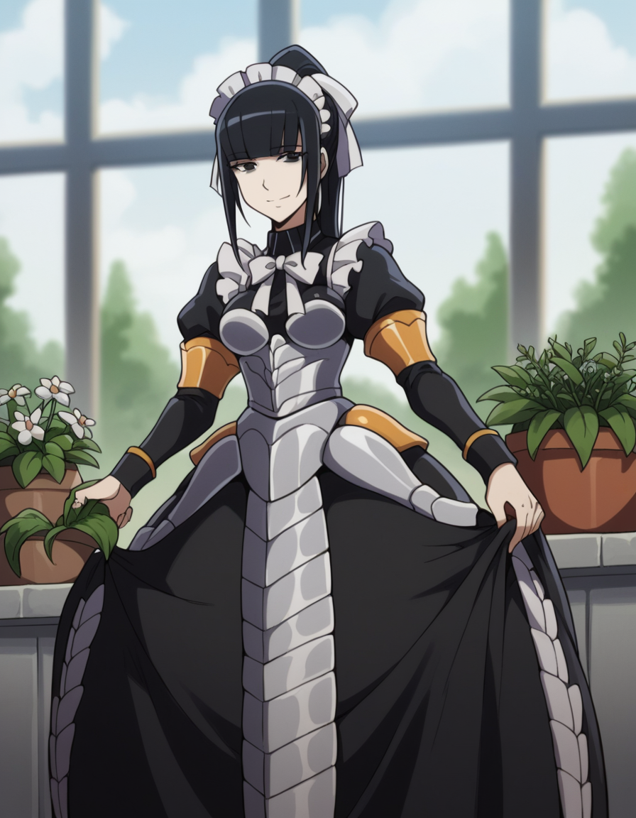 score_9, score_8_up, score_7_up, source_anime, <lora:narberal-gamma-s1s2-ponyxl-lora-nochekaiser:1>, narberal gamma, black hair, high ponytail, long hair, slanted eyes, narrow eyes, black eyes, medium breasts,, apron, armor, black dress, dress, frills, long sleeves, maid, maid headdress, puffy sleeves,, gardening, watering plants, backyard, flowers blooming, sunny day,, , looking at viewer, smile, solo,, cowboy shot, dutch angle