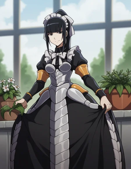 score_9, score_8_up, score_7_up, source_anime, <lora:narberal-gamma-s1s2-ponyxl-lora-nochekaiser:1>, narberal gamma, black hair, high ponytail, long hair, slanted eyes, narrow eyes, black eyes, medium breasts,, apron, armor, black dress, dress, frills, long sleeves, maid, maid headdress, puffy sleeves,, gardening, watering plants, backyard, flowers blooming, sunny day,, , looking at viewer, smile, solo,, cowboy shot, dutch angle