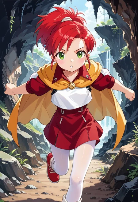 score_8, score_8_up, score_7_up, source_anime, official art, anime screenshot BREAK female focus, solo, 1girl, Elie_Lunar, red hair, ponytail, sidelocks, cape, yellow cape, jacket, collared jacket, raglan sleeves, dress, red dress, pantyhose, white pantyhose, boots, red boots, standing, looking at viewer, cave, cave interior, natural stone, running,