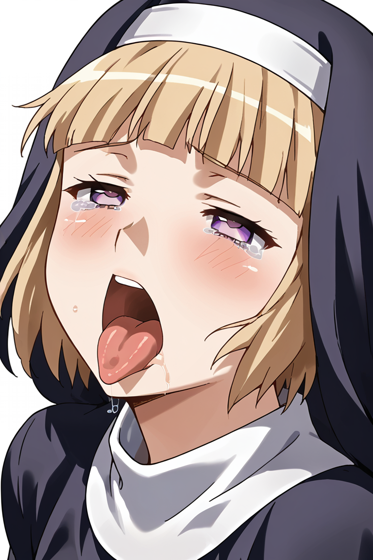 source_anine, tongue, solo, blonde hair, 1girl, tongue out, tears, open mouth, nun, habit, white background, purple eyes, blush, ahegao, simple background, short hair