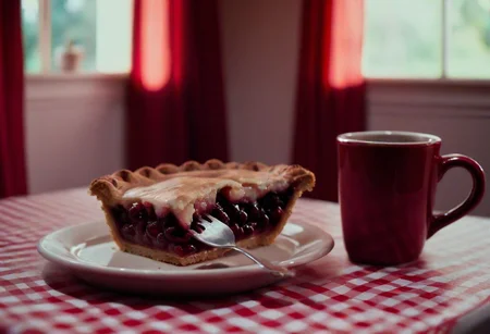 cinematic film still, Twin Peaks style, diner mug of steaming coffee and a slice of cherry pie on a plate on a gingham tablecloth, in a room with a red curtain, realistic, sharp, detailed, classic, 1990's suspense style, film light style, photography, artistic, perfection, contrast, cinematic, filmic, high quality photo, shallow depth of field, vignette, highly detailed, high budget, bokeh, cinemascope, moody, epic, gorgeous, film grain, grainy