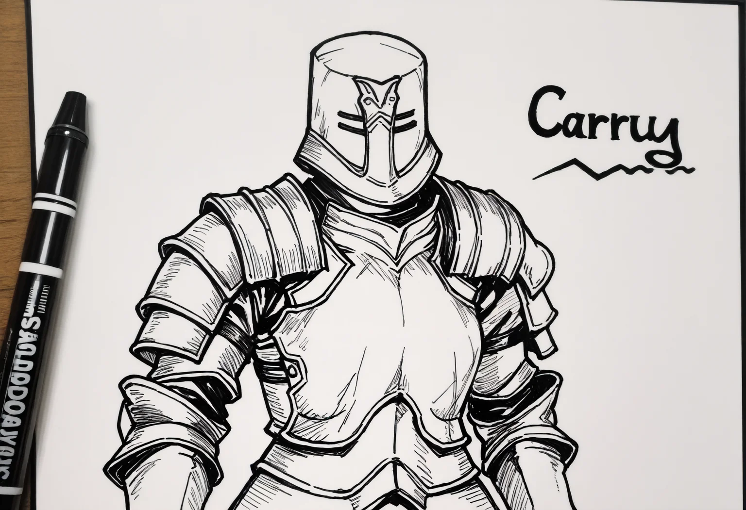 masterpiece, best quality, newest, absurdres, highres, whiteboard \(medium\), marker \(medium\), photoshop \(medium\), traditional media, monochrome, sketch, whiteboard, ambiguous gender, solo, dsbit, helmet, armor, breastplate, Pauldrons, Cuirass, Gauntlets, tunic under armor    <lora:Black_Iron_Tarkus_Illustrious-000009:1>