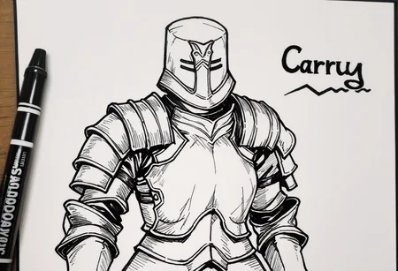 masterpiece, best quality, newest, absurdres, highres, whiteboard \(medium\), marker \(medium\), photoshop \(medium\), traditional media, monochrome, sketch, whiteboard, ambiguous gender, solo, dsbit, helmet, armor, breastplate, Pauldrons, Cuirass, Gauntlets, tunic under armor    <lora:Black_Iron_Tarkus_Illustrious-000009:1>