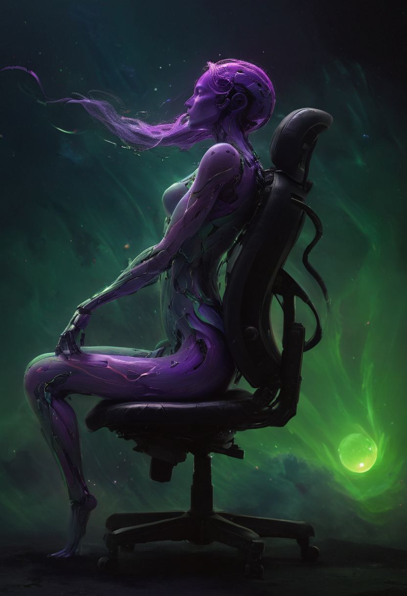 Capturing the essence of cosmic serenity and earthly vigor, depict a woman suspended in her office chair amidst the vast expanse of space. Her surroundings are a vibrant mix of colors, with deep blacks contrasting against vivid hues. In the distance, translucent planets in shades of purple and dark green add to the surreal atmosphere. Her long hair billows freely in the weightlessness of space, embodying a sense of boundless freedom and graceful motion.
deep Blacks, very detailed, atmospheric haze, Film grain, cinematic film still, shallow depth of field, highly detailed, high budget, cinemascope, moody, epic, OverallDetail, 2000s vintage RAW photo, photorealistic, candid camera, color graded cinematic, eye catchlights, atmospheric lighting, imperfections, natural, shallow dof