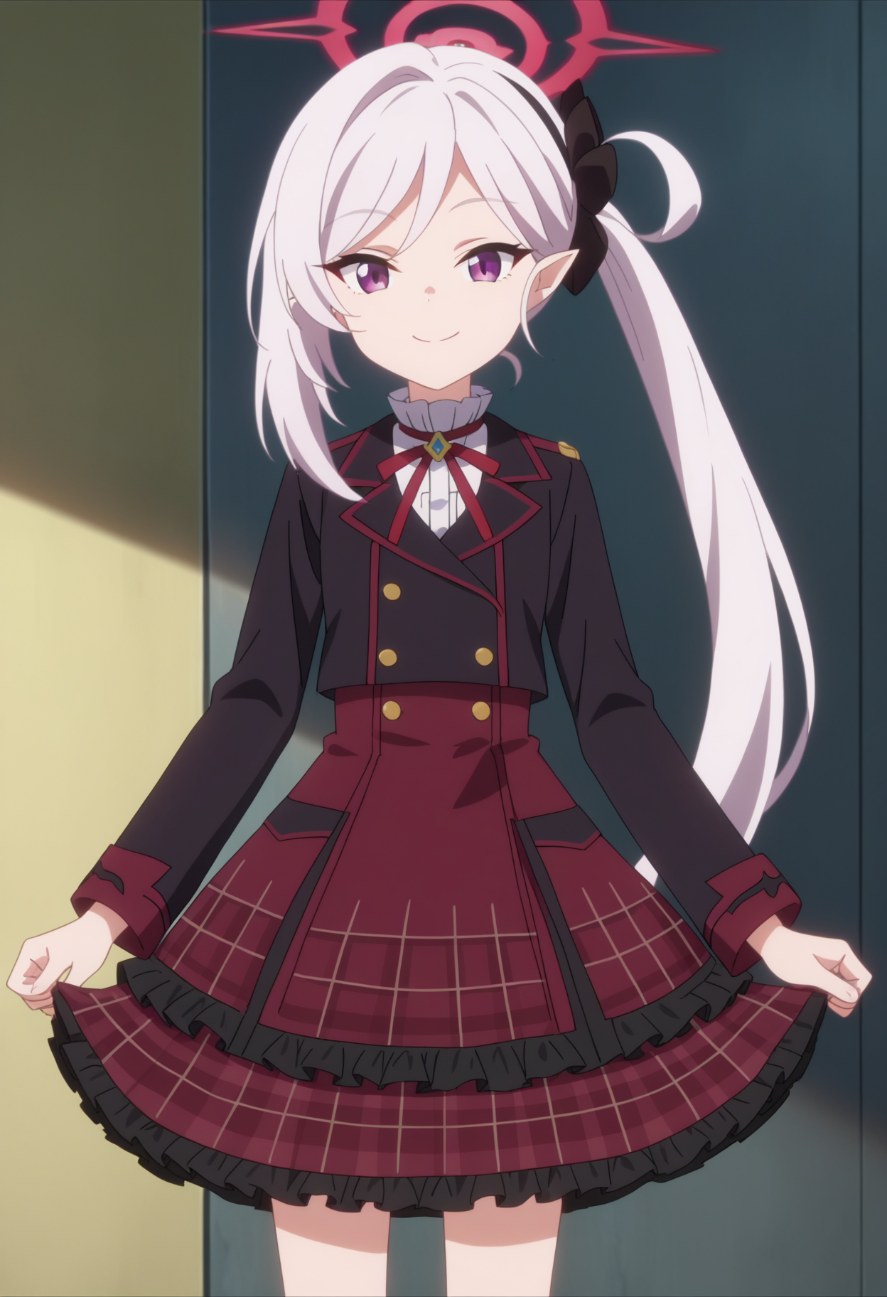 score_9, score_8_up, score_7_up, source_anime,
BREAK
1girl, solo, anime screencap, anime coloring,
<lora:shiMutsukiTrainingV1:0.9>, shianimemitsuki, long hair, purple eyes, pointy ears, white hair, sidelocks, side ponytail, black scrunchie, hair scrunchie, halo, 
long sleeves, frills, black jacket, neck ribbon, red ribbon, 
red skirt, frilled skirt, plaid skirt, 
looking at viewer, smile,