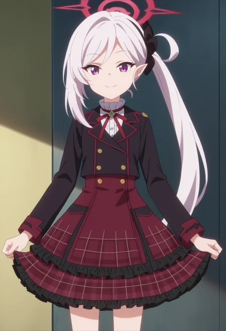 score_9, score_8_up, score_7_up, source_anime,
BREAK
1girl, solo, anime screencap, anime coloring,
<lora:shiMutsukiTrainingV1:0.9>, shianimemitsuki, long hair, purple eyes, pointy ears, white hair, sidelocks, side ponytail, black scrunchie, hair scrunchie, halo,
long sleeves, frills, black jacket, neck ribbon, red ribbon,
red skirt, frilled skirt, plaid skirt,
looking at viewer, smile,