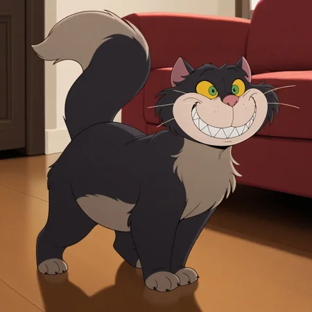 masterpiece, best quality, amazing quality, luc1f3r, male, furry male, feral, solo, cat, black fur, two-tone fur, yellow sclera, green eyes, white muzzle, pink nose, whiskers, sharp teeth, bushy tail, nails, paw pads, standing, evil smile, indoors, living room
