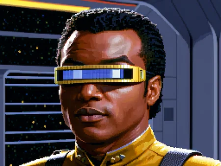 w1ngc0mmander, pixel art,  <lora:Wing_Commander:1>      <lora:StarTrekTNG-v7:0.9> geordi gold starfleet uniform, closeup