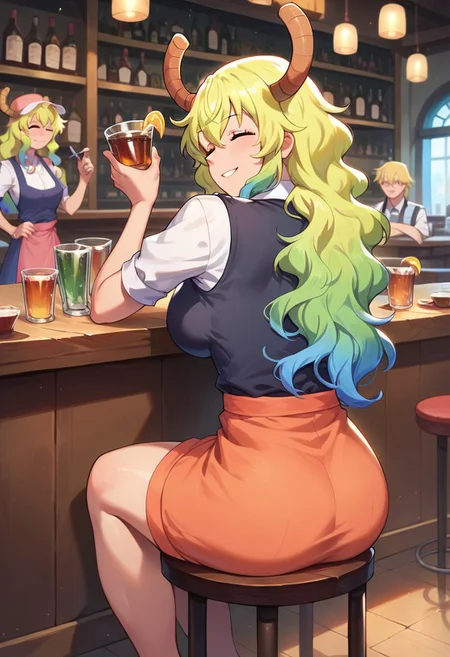 score_9, score_8_up, score_7_up, masterpiece, best quality, expressive, background, bar, bartender, smile, Lucoa_(Maidragon), masterpiece, best quality, 1girl, sitting down, chair, thick.
