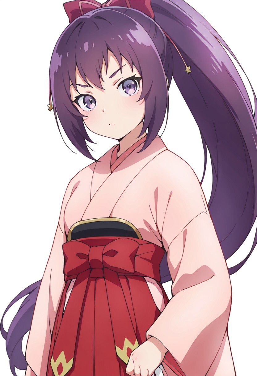 masterpiece, best quality, amazing quality,
(cowboy shots:1), white background, solo, looking at viewer, white background
saga, long_hair, purple_hair, ponytail, purple_eyes, hair_bow, japanese_clothes, hakama_skirt, pink_kimono, wide_sleeves