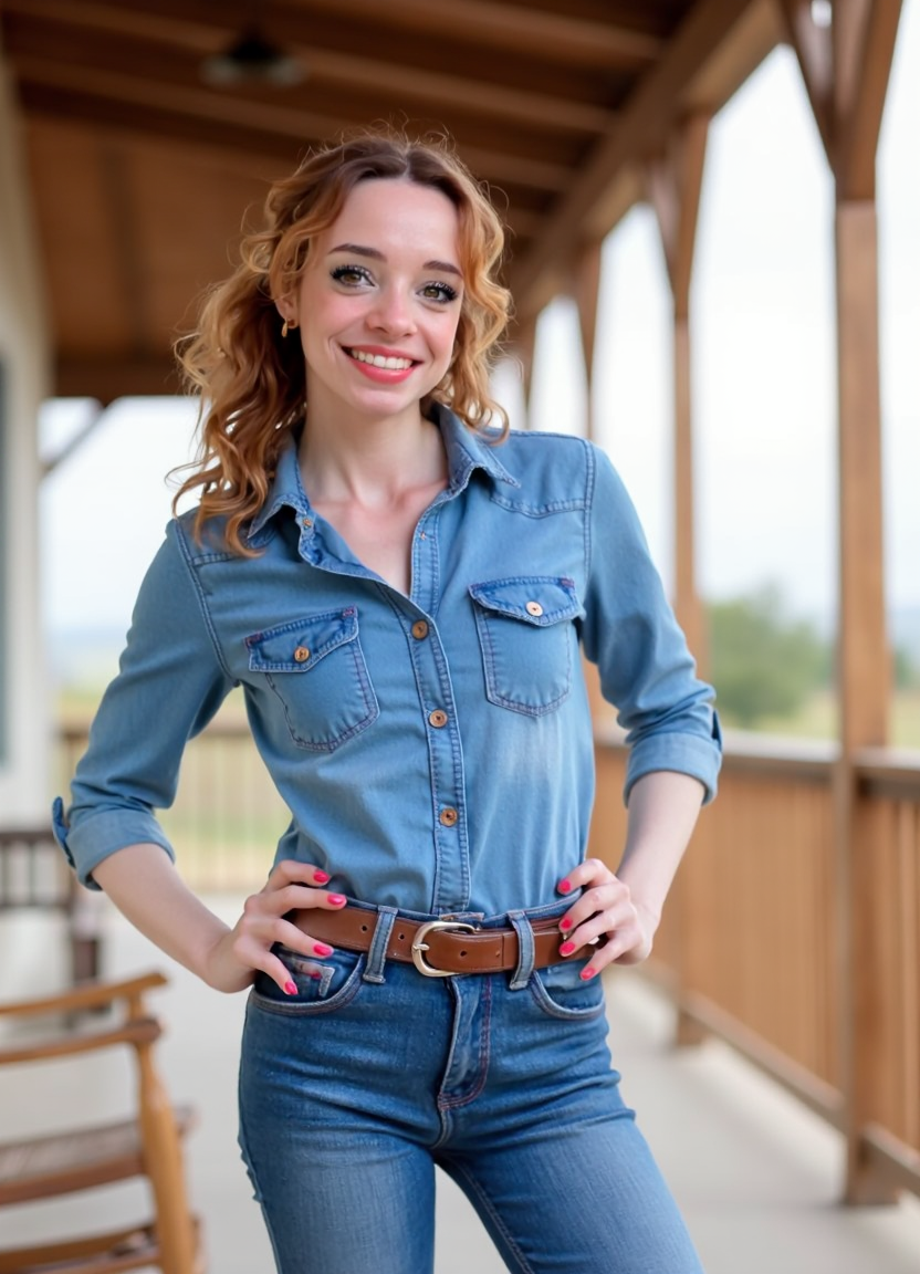 SFW, brightly lit, aidmaimageupgrader, A confident woman posing for a picture on the porch of a ranch, dressed in a stylish yet modest denim outfit. She wears a well-fitted denim button-up shirt with sleeves rolled to her elbows, paired with classic high-waisted denim jeans that complement her figure while maintaining a professional and polished look. A brown leather belt adds a touch of Western charm, and her outfit is completed with sturdy yet stylish cowboy boots.  Her hair flows naturally in soft waves, or is neatly tied back in a low ponytail, giving her a relaxed yet put-together appearance. The setting captures the warmth of the ranch atmosphere, with wooden beams, a rustic rocking chair, and an open landscape in the background. She stands with confidence, gazing into the distance or offering a soft, approachable smile, embodying both strength and elegance in a timeless country-inspired style<lora:turbo-8-step-flux.safetensors:0.0:0.0> <lora:flux\custom\personal\emmy-speens.safetensors:1.0:1.0> <lora:turbo-8-step-flux.safetensors:0.5:0.5> <lora:flux\style\Common\aidmaImageUprader-FLUX-v0.3.safetensors:0.25:0.25>