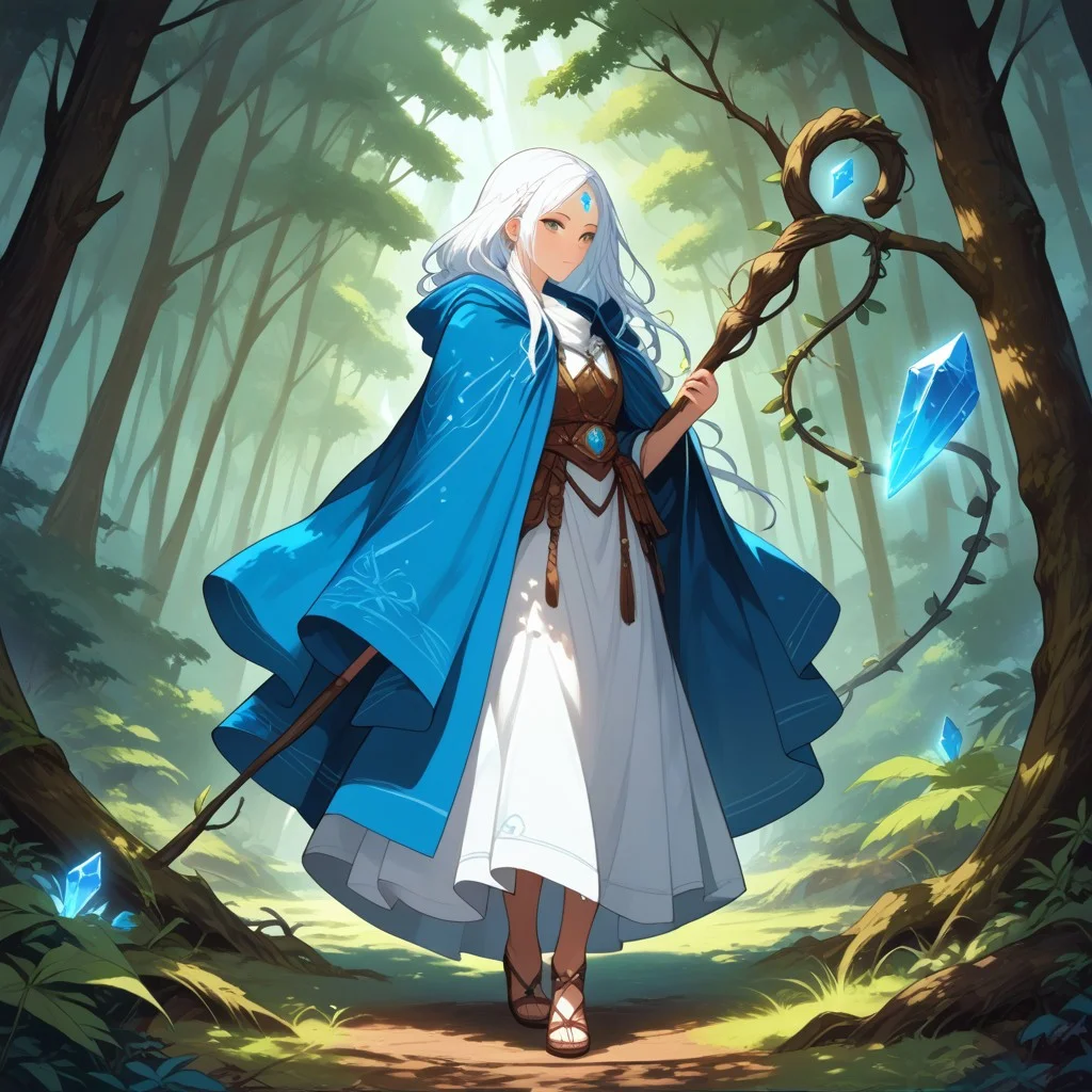 score_9, score_8_up, score_7_up, score_6_up, 1girl (,1girl,animal hands a misty forest, long white hair with intricate braids and leaves woven in, , subtle blue rune on forehead, wearing earthy green and brown robes made of natural materials, leather accents and bark-like armor pieces, flowing cloak of woven vines and leaves, holding a gnarled wooden staff topped with a glowing blue crystal, wisps of natural magic swirling around, forest animals nearby, dappled sunlight through trees, atmospheric, cinematic, 8k resolution,FeliciaSDXL