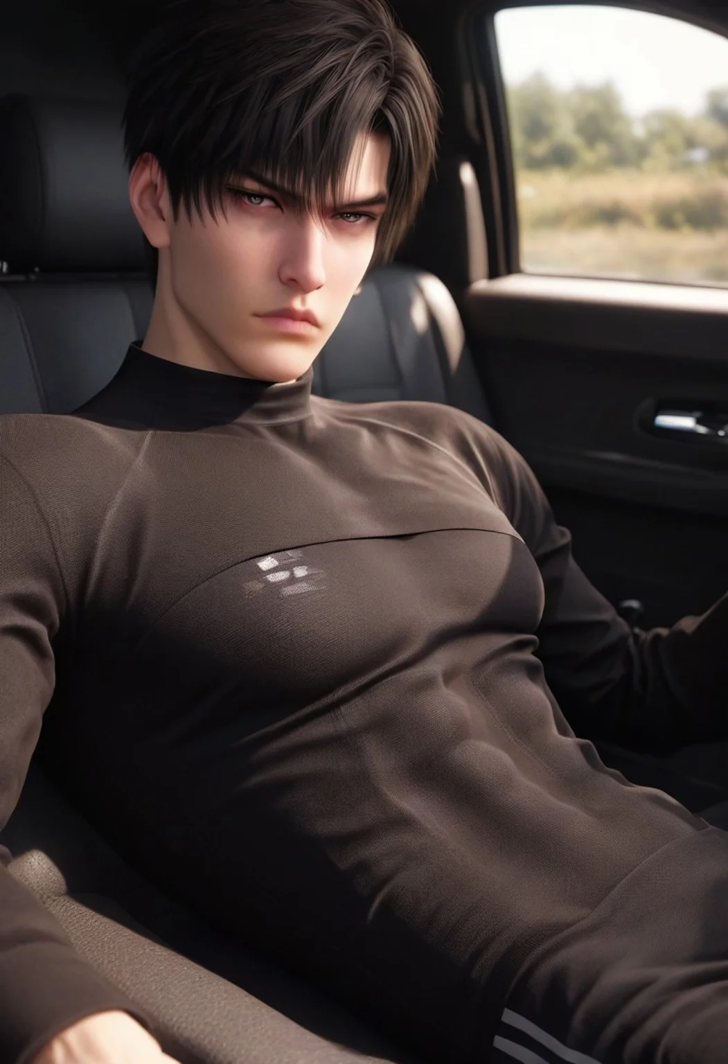1boy, solo, male focus, toned male, zayne_(love_and_deepspace), black hair, short hair, two sided bangs, pale skin, almond eyes, detailed eyes, satisfaction, satisfied, neutral, detailed face, slim face,
dark theme, intense shadow, intimidating, chest close to viewer, dark light, no light, dark out, shadow,
tight white top, long sleeves, long black pants, sweaty hair, long sleeves, looking at viewer, from side view,
on the gym, gym bench, front view, seductive, romantic, in a car, (lounging:1.1), relax
rating PG, score_9,score_8_up,score_7_up, source_anime, male focus, Muscular, big thigh, big thigh, big chest, hung, manly, tall, detailed eyebrow, sharp eyebrows, focus on thigh, thigh focus, random view