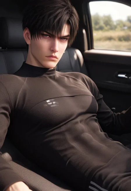 1boy, solo, male focus, toned male, zayne_(love_and_deepspace), black hair, short hair, two sided bangs, pale skin, almond eyes, detailed eyes, satisfaction, satisfied, neutral, detailed face, slim face,
dark theme, intense shadow, intimidating, chest close to viewer, dark light, no light, dark out, shadow,
tight white top, long sleeves, long black pants, sweaty hair, long sleeves, looking at viewer, from side view,
on the gym, gym bench, front view, seductive, romantic, in a car, (lounging:1.1), relax
rating PG, score_9,score_8_up,score_7_up, source_anime, male focus, Muscular, big thigh, big thigh, big chest, hung, manly, tall, detailed eyebrow, sharp eyebrows, focus on thigh, thigh focus, random view