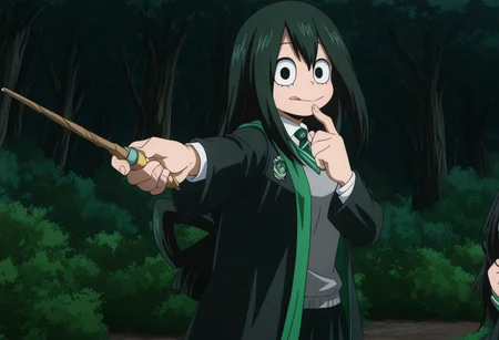 masterpiece, best quality, amazing quality, cinematic lighting, gradient colors, raytracing, TAsui, Tsuyu Asui, 1girl, (((solo))), solo focus, black eyes, asui tsuyu, black hair, boku no hero academia, long hair, tongue out, light smile, standing, finger on lips, hair in the wind, looking at viewer, hair in front of face, wear slytherin uniform, slytherin emblem, slytherin, open jacket, arm outstretched, holding wand, ready to fight,
outdoors, dark forest, spiders, hogwarts far away, cowboy shot, dutch forest