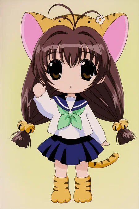 digicharat99, puchiko, 1girl, solo, long hair, skirt, brown hair, long sleeves, hair ornament, hat, animal ears, twintails, brown eyes, school uniform, tail, flower, serafuku, cat ears, sailor collar, chibi, neckerchief, cat tail, bell, antenna hair, jingle bell, animal hands, hair bell, animal hat, paw shoes, green neckerchief, chibi only, looking at viewer, full body, simple background, waving, 
masterpiece, best quality, absurdres, highres, very awa, 