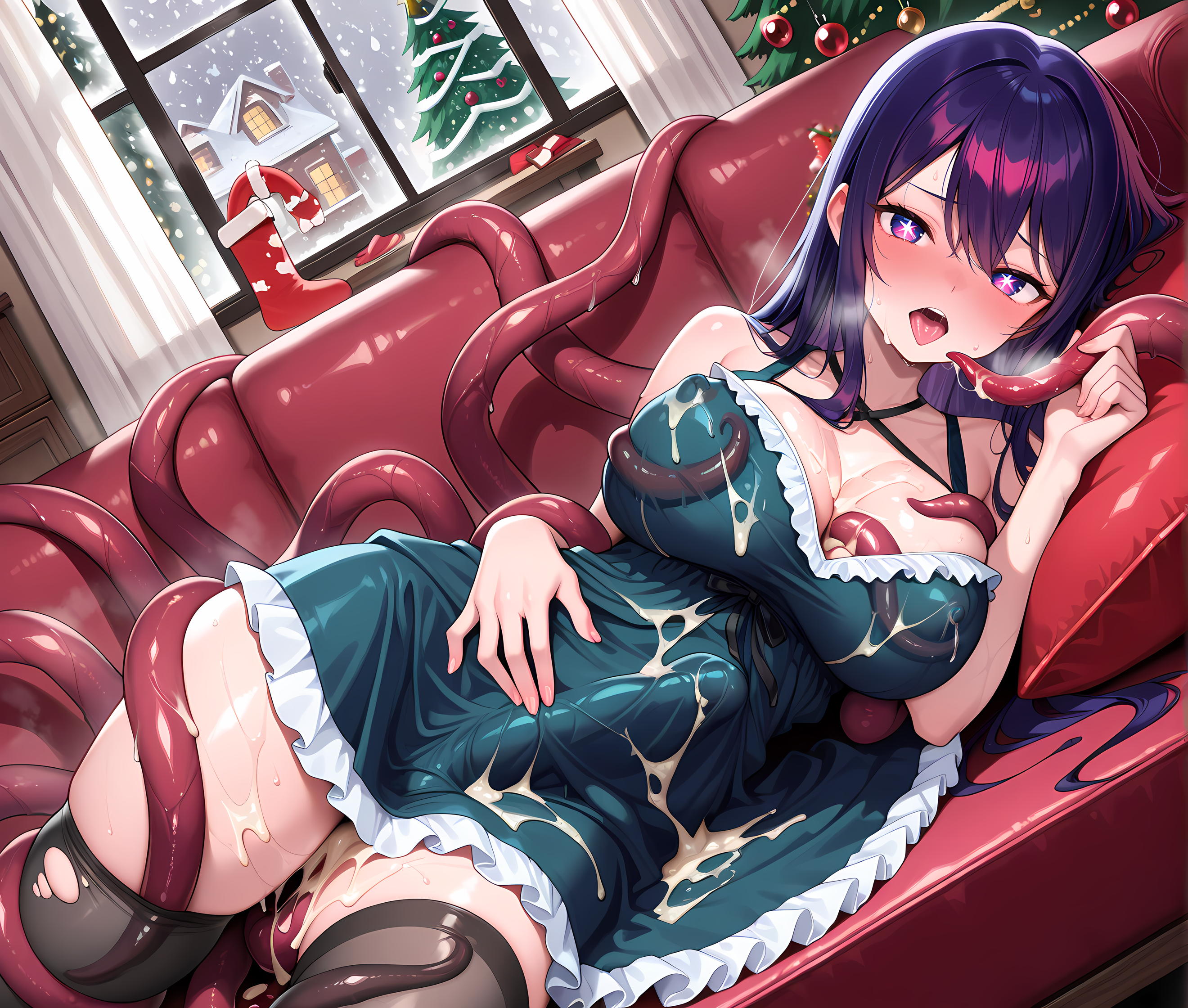<lora:Tentacles_under_clothes:0.9>,(tentacles under clothes:1.2),(tentacle pit:1.3),(tentacles:1.4),(hoshino ai:0.8),(torn clothes:1.5),indoors,curtains,(living room:0.6),fireplace,legs apart,moaning,half-closed_eye,tongue out,heavy breathing,full-face blush,blush,sweat,steaming body,from side,dutch angle,cabinet,cowboy shot,frilled dress,cleavage,implied sex,bukkake,cum on body,covered nipples,(hand on own stomach:0.8),(hand on own chest:0.8),on couch,winter,snowing,window,window fog,christmas tree,christmas stocking,thighhighs,tentacle grab,grabbing another's breast,tentacles in thighhighs,tentacles under dress,looking at viewer,on side,, masterpiece,best quality,amazing quality, very aesthetic, absurdres,detailed eyes,ultra-detailed,