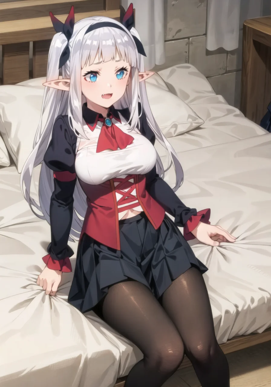 masterpiece, best quality, 1 girl, large breasts, bed,  <lora:rurushiIsekaiNonbiri_v10:0.8>, ruu rurushi, pointy ears, blue eyes, long hair, fang, two side up, pleated skirt, (black skirt:1.6), red ascot, long sleeves, red pantyhose, ascot, black hairband, elf, puffy sleeves, blunt bangs, white hair, ribbon