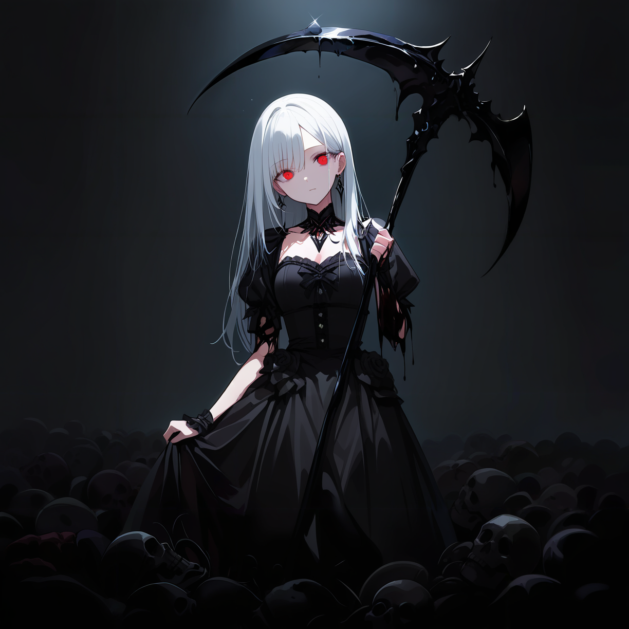 masterpiece, best quality, newest, absurdres, highres, safe,cute face,clean skin ,shiny hair,eyelashes,cute girl,darkness,chaos,death,no light,undead,black dress,holding scythe