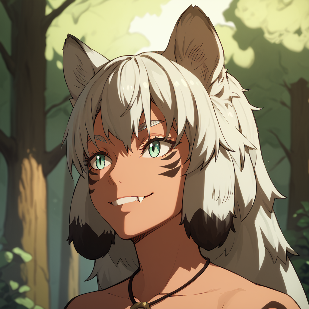<lora:SlimesSuphia:1>, score_9, score_8_up, score_7_up, slimes_suphia, woman, portrait, facial markings, thick forest background, sunbeams, fanged smile, dog ears