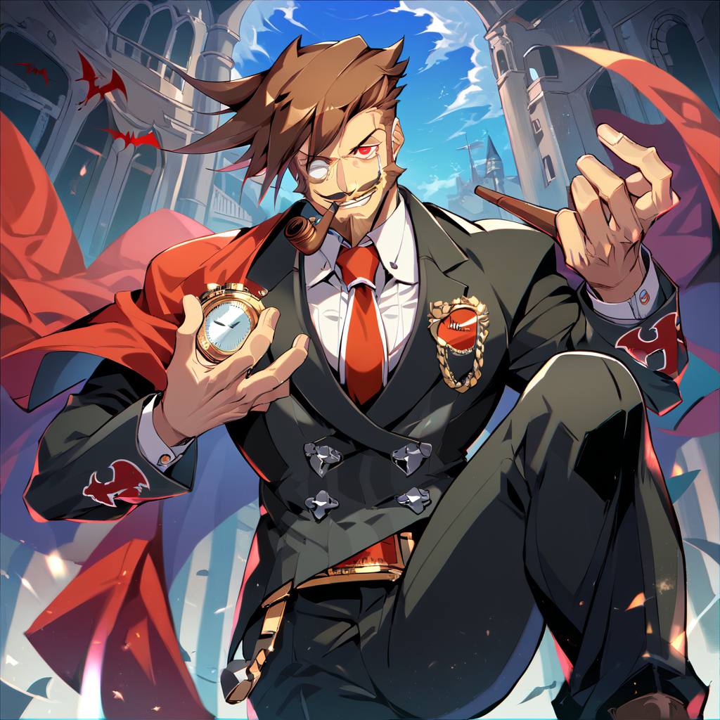 1boy, male focus, Slayer, guilty gear, score_9, score_8_up, score_7_up, score_6_up,  <lora:Slayer_from_Guilty_Gear:1>, solo, brown hair, smoking pipe, monocle, facial hair, mature male, formal, suit, cape, vampire, smirk, tie, white shirt, looking at viewer, toned, athletic, fit, fang, brown footwear, pocket watch, pipe, short hair, slicked to the side hair, mustache, male focus, best quality, amazing quality, best aesthetic, absurdres, smirk, evil smile, red eyes, glowing eyes, cocky, haughty, defiant, <lora:aesthetic_anime_v1s:0.4>, <lora:xl_more_art-full_v1:0.5> <lora:EpicF4nta5yXL:0.5>, (Knee Up (Standing)),