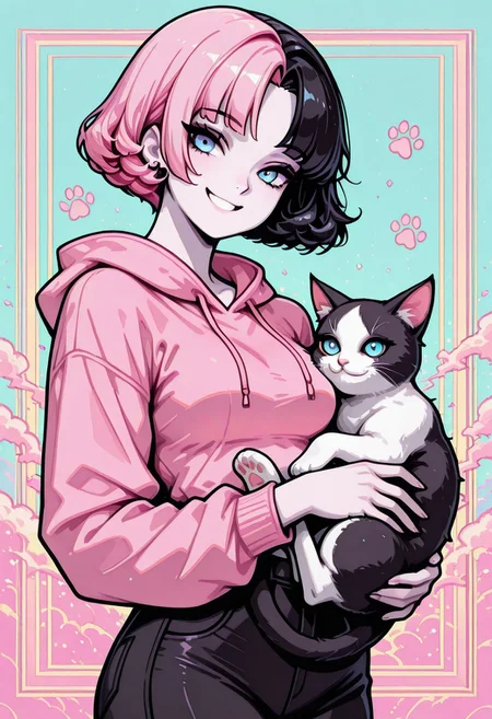 masterpiece, best quality, 32k, high resolution, absurdres, vector art, flat colors, s1n0p0p, in the style of Jedpstgl, Impressionism,  Vaporwave,Pixel Art, Sabrina, SabrinaRH, short hair, bobcut, ((Pink-black) split hair, split-color hair,) curled hair tips, parted bangs, blue eyes, medium breasts, pale skin, pink hoodie, cats paw print, pants, dual color background (pink-black) , abstracts, cowboy shot, looking at the viewer, holding  a cat, smiling,  cat, cuddling,