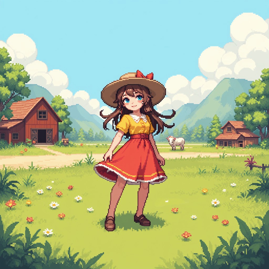 pixel art,cute girl,vintage clothes,nature farm background,18yo