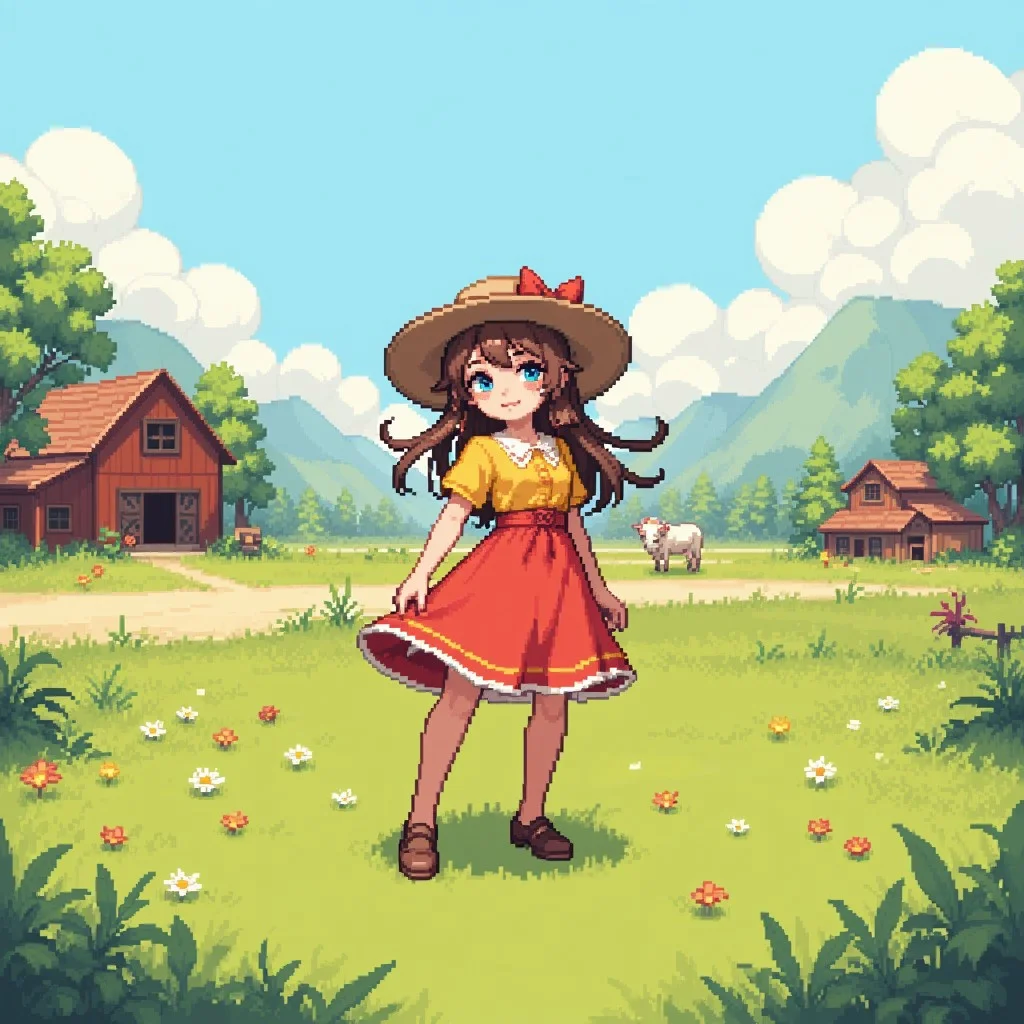 pixel art,cute girl,vintage clothes,nature farm background,18yo