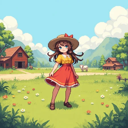 pixel art,cute girl,vintage clothes,nature farm background,18yo