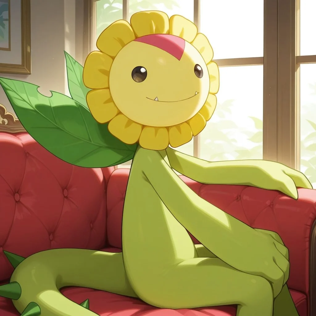 2d, solo, Sunflowmon, Digimon (creature), flora fauna, flower creature, no sclera, black eyes, simple eyes, bipedal, flower head, green body, tail, tail spikes, leaf wings, single fang
BREAK indoors, side view, sitting on couch, looking at viewer, smile
BREAK best quality, amazing quality, very aesthetic, absurdres, newest, masterpiece, high quality