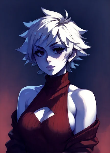 white skins, spiky red short tomboy hair, neutral expression, tight sweater, <lora:NAHIRI:1> nahiri, 1girl, solo, short hair, breasts, bare shoulders, white hair, colored skin, boob cutout, side boob, <lora:RD-MAnon-XLV1.1:1> female,, source_anime, score_9_up, score_7_up, score_8_up
