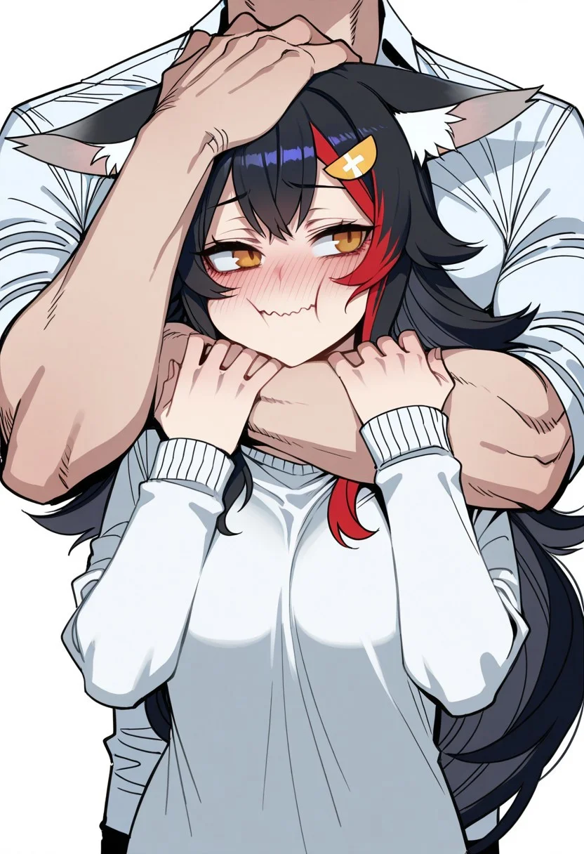 masterpiece, best quality, ratatatat74,
ch0kh0ld, 1girl, 1boy, solo focus,
strangling, hug from behind, hand on another's head,
upper body, head out of frame,
ookami mio,
looking at viewer, nose blush, wavy mouth, looking back, peanut mouth, cheek press, hands up,
simple background, white background,