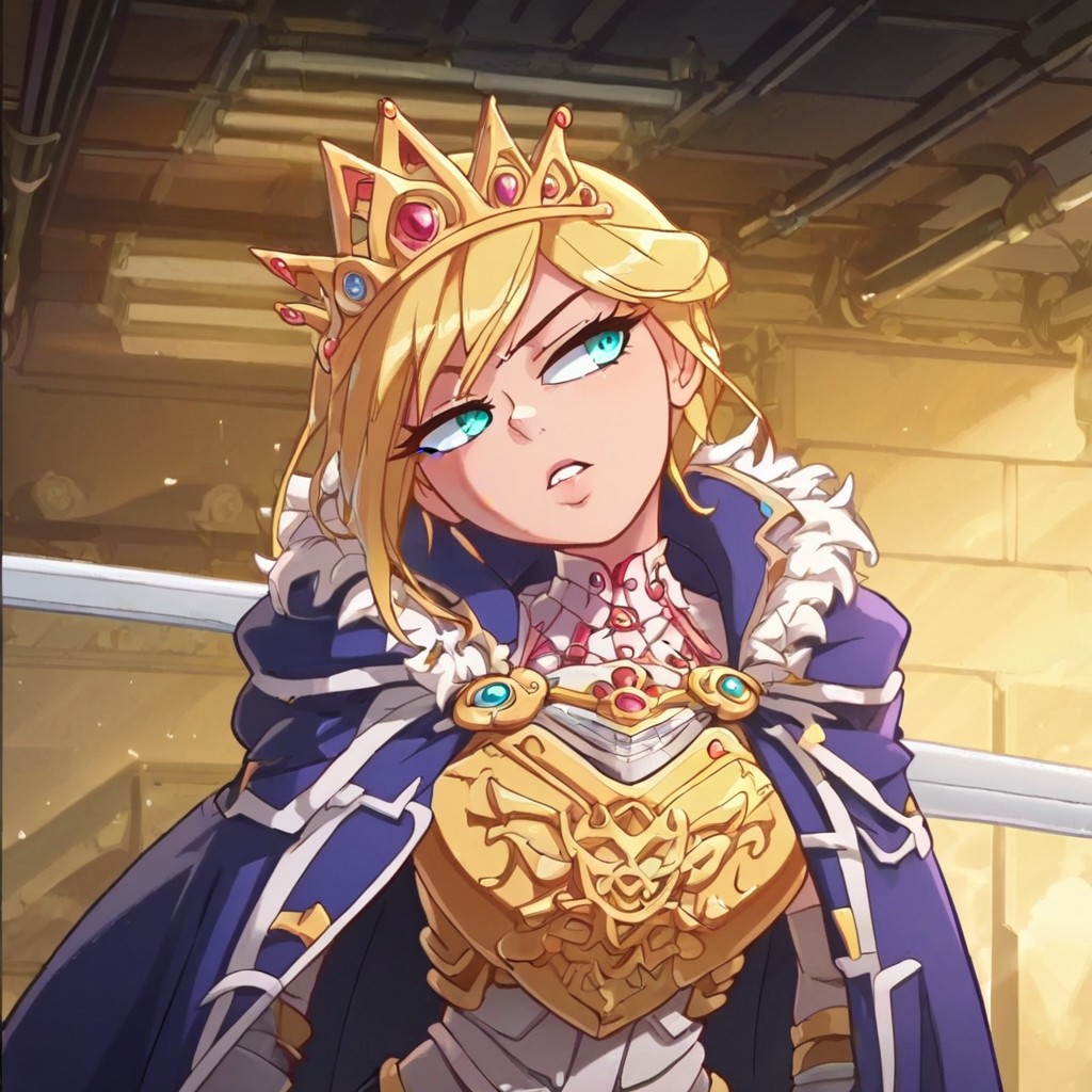 score_9, score_8_up, score_7_up, score_6_up, source_anime, BREAK 1girl, abyssalwarden, (best quality, masterpiece:1.3), 1girl, Warrior, sword, armor, upper body, , royal, tiara, royal crest, cape, standing, parted lips, film grain, blurry foreground, anime screencap, head tilt, parted lips, looking to the side,