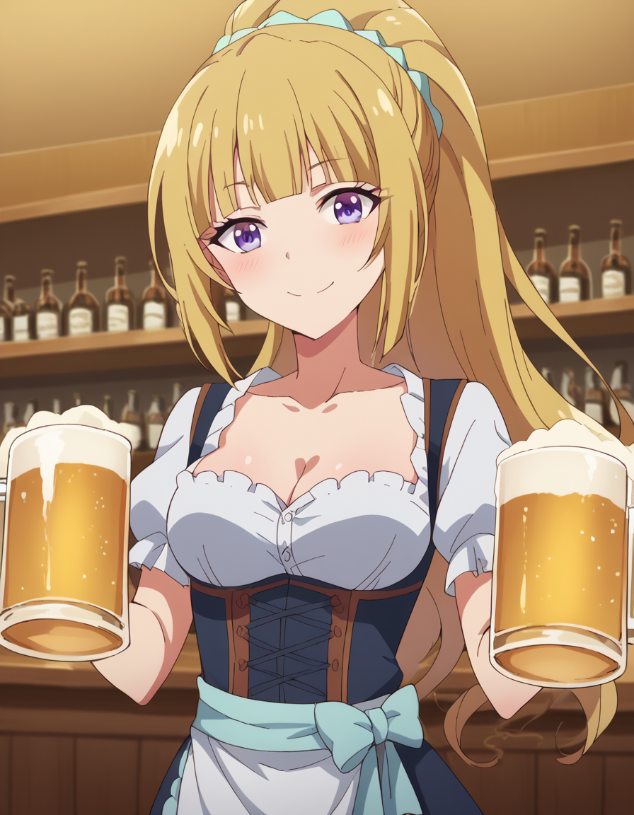 score_9, score_8_up, score_7_up, source_anime, keikaruizawa, <lora:kei-karuizawa-anime-s2-ponyxl-lora-nochekaiser:1>, kei karuizawa, long hair, bangs, blunt bangs, purple eyes, blonde hair, hair ornament, ponytail, scrunchie, blue scrunchie,, <lora:dirndl-ponyxl-lora-nochekaiser:1>, dirndl, german clothes, beer mug, collarbone, cleavage, beer, underbust, waist apron,, indoors, bar, smile, blush,, cowboy shot, dutch angle, looking at viewer,