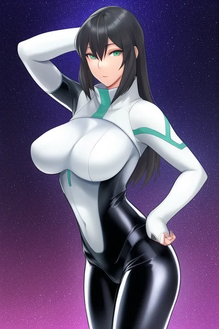 <lora:may(gundam)_lora:0.8>, 1girl, may, masterpiece, realistic, highly detailed, elegant, intricate, bodysuit, cowboy shot, latex, mature female, milf, space background