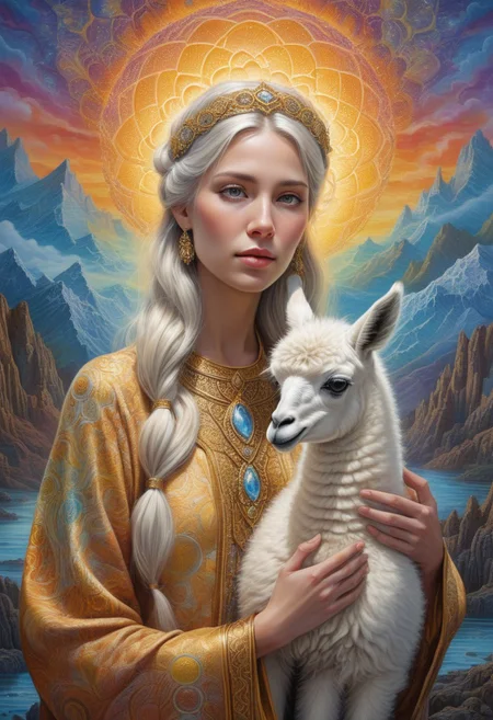 ((alex gray psychedelic painting.)) A serene young woman with long, platinum hair adorned with a jeweled headband, gently holding a fluffy white llama. They are bathed in soft, ethereal light amidst a cloudy, dreamlike background.
The scene unfolds in a surreal landscape of towering honeycombs, their intricate hexagonal patterns glowing with warm, golden hues. The honeycombs stretch upward like fantastical structures, their surfaces shimmering with iridescent nectar that reflects light in mesmerizing ways. The entire scene is depicted in a highly detailed, psychedelic style, reminiscent of Alex Grey’s art, with intricate patterns weaving through the honeycomb environment. The radiant honeycombs create a dreamlike atmosphere of wonder and beauty.